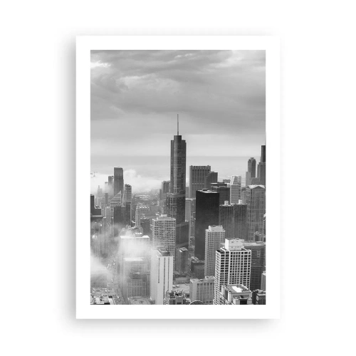 Affiche - Poster - Vue en noir et blanc de la ligne d'horizon de la ville avec des gratte-ciels dans les nuages - 50x70cm - Paysage américain - Décoration murale moderne pour le salon et la chambre ARTTOR