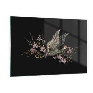 Impression sur verre - Image sur verre - Oiseau brodé en vol avec des fleurs en arrière-plan sur un fond sombre - 120x80cm - Oiseau brodé exotique - Décoration murale moderne pour le salon et la chambre ARTTOR