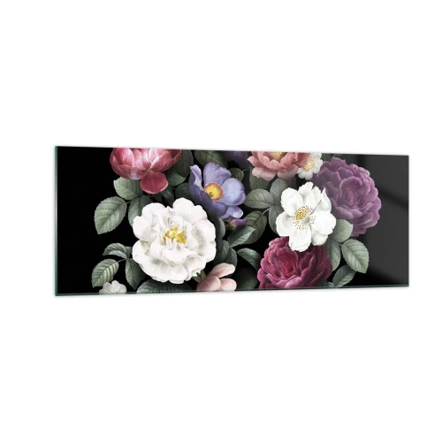Impression sur verre - Image sur verre - Fleurs de différentes couleurs sur fond noir - 140x50cm - D'un jardin anglais - Décoration murale moderne pour le salon et la chambre ARTTOR