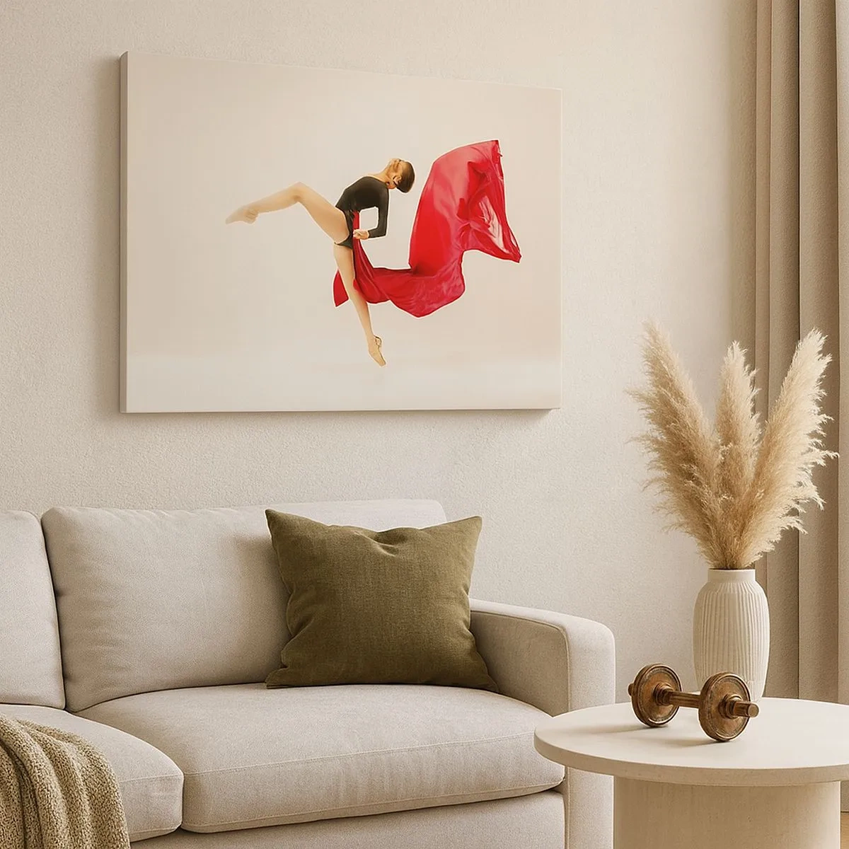 Impression sur toile - Image sur toile - Une danseuse dynamique en tenue noire et tissu rouge en mouvement. - 70x50cm - Rouge et noir - Décoration murale moderne pour le salon et la chambre ARTTOR