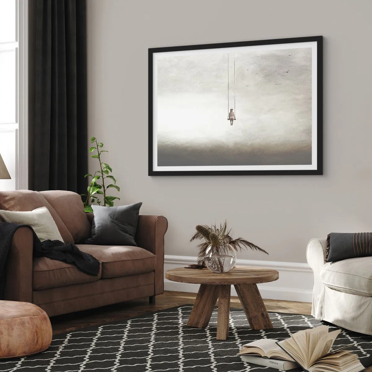 Affiche dans un cadre noir - Poster - Une figure sur une balançoire suspendue dans l'espace - 100x70cm - Enfant en nous - Décoration murale moderne pour le salon et la chambre ARTTOR