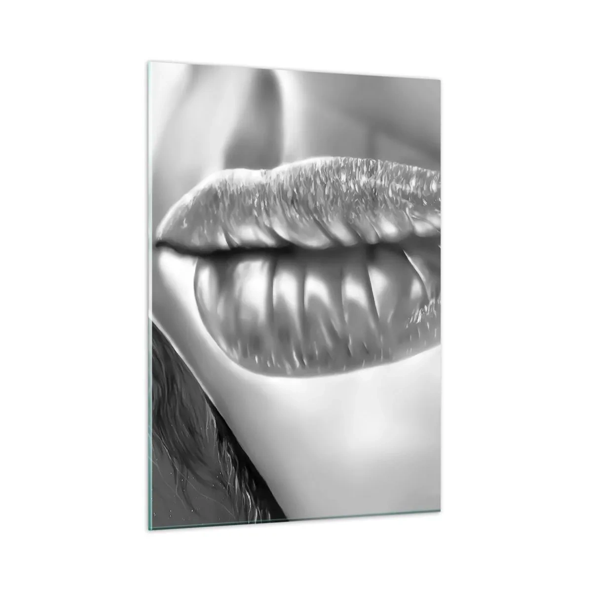 Impression sur verre - Image sur verre - Lèvres féminines sensuelles aux tons monochromes - 50x70cm - Je sais à quoi tu penses… - Décoration murale moderne pour le salon et la chambre ARTTOR