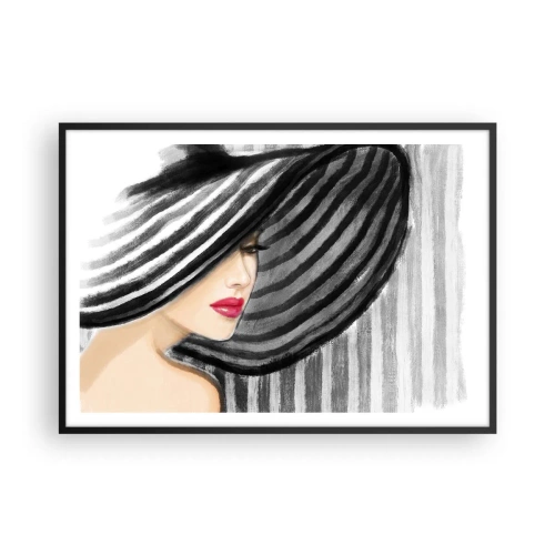 Affiche dans un cadre noir - Poster - Femme portant un chapeau noir et blanc avec une touche rouge - 100x70cm - Où te chercher ? - Décoration murale moderne pour le salon et la chambre ARTTOR