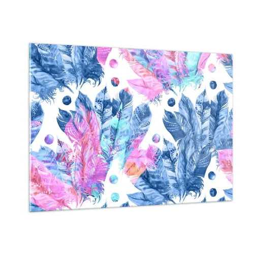 Impression sur verre - Image sur verre - Plumes colorées dans des tons de rose et de bleu sur fond blanc - 100x70cm - Plumes en rose et bleu - Décoration murale moderne pour le salon et la chambre ARTTOR