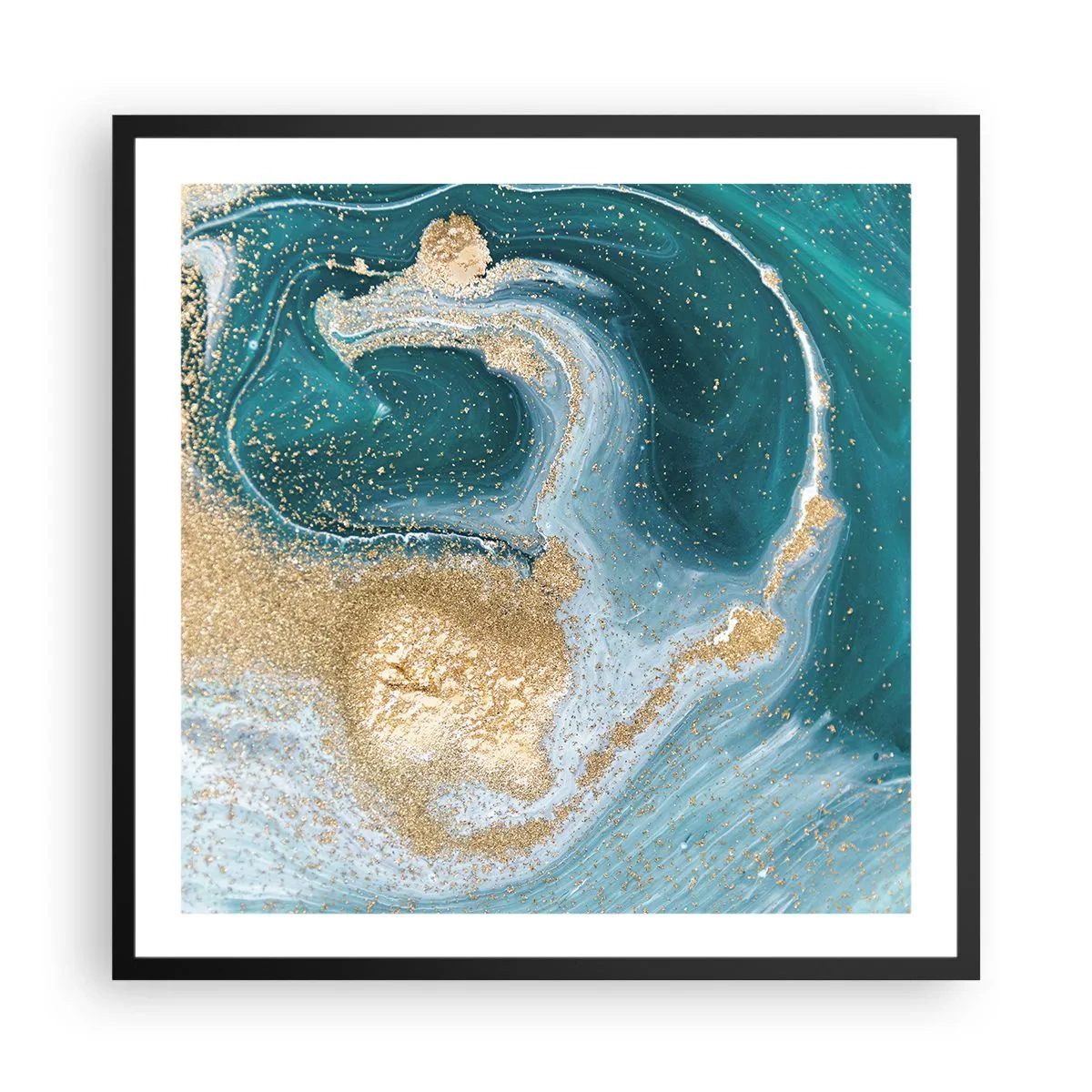 Affiche dans un cadre noir - Poster - Tourbillon d'or et de turquoise - 60x60 cm