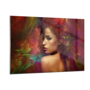Impression sur verre - Image sur verre - Portrait d'une femme dans un décor coloré et abstrait - 120x80cm - Plus beau qu'un arc-en-ciel, aussi délicat qu'un brouillard - Décoration murale moderne pour le salon et la chambre ARTTOR