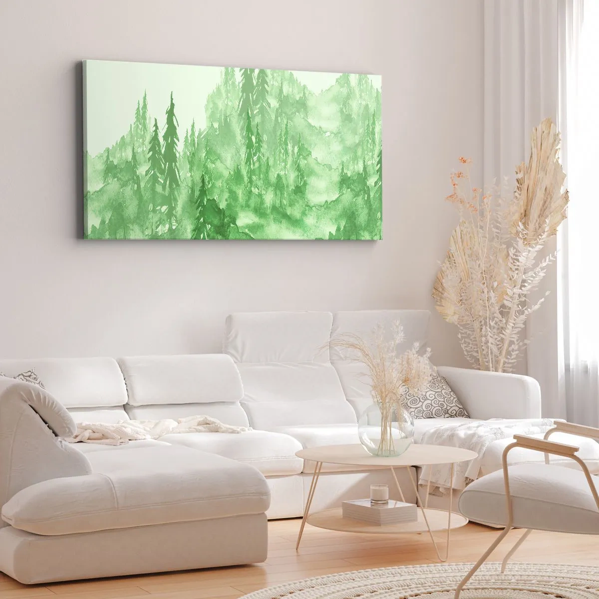 Impression sur toile - Image sur toile - Forêt verte dans un style aquarelle sur un fond clair - 140x50cm - Flou de brouillard vert - Décoration murale moderne pour le salon et la chambre ARTTOR