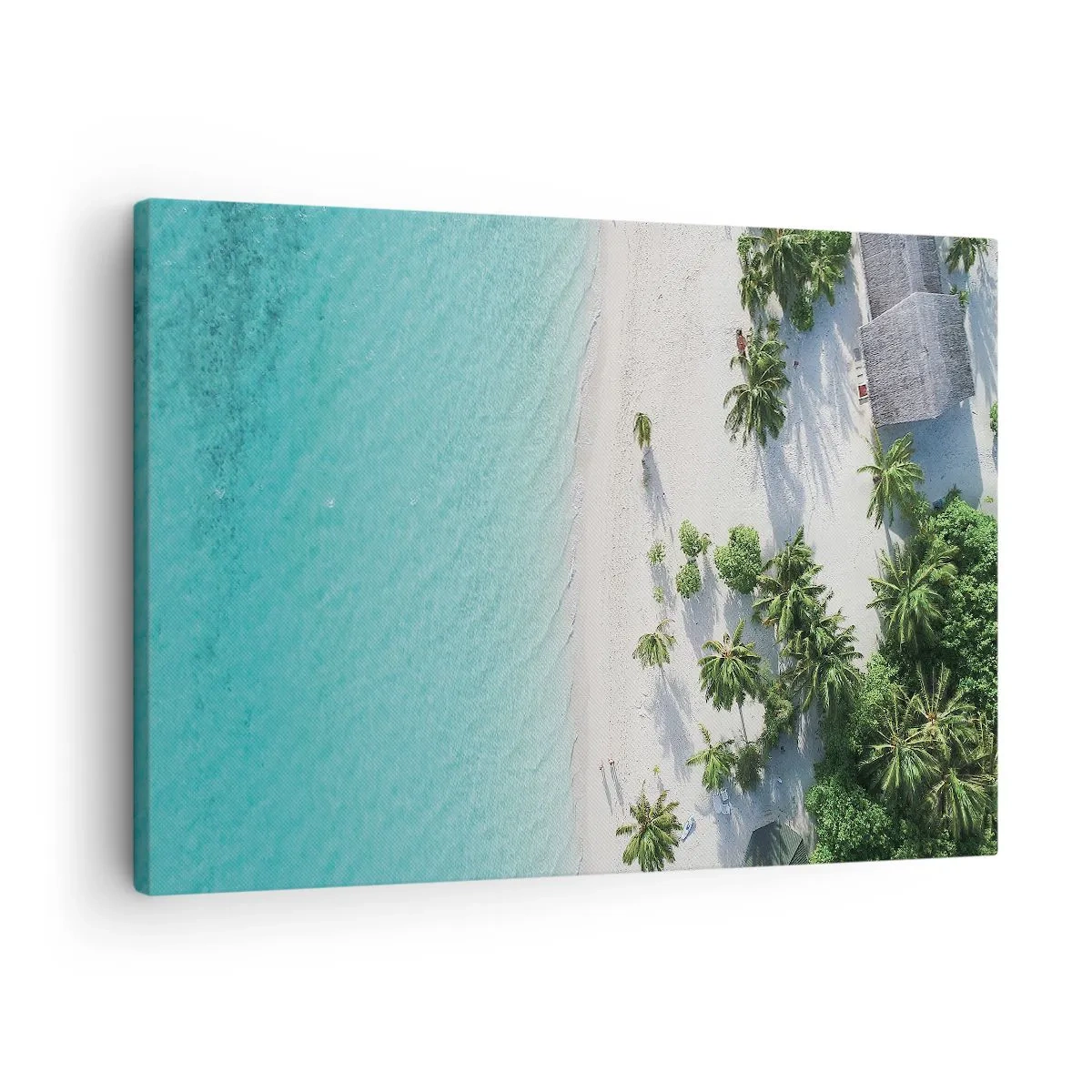 Impression sur toile - Image sur toile - Vue plongeante sur une plage tropicale avec de l'eau turquoise et des palmiers - 70x50cm - Vacances au paradis - Décoration murale moderne pour le salon et la chambre ARTTOR