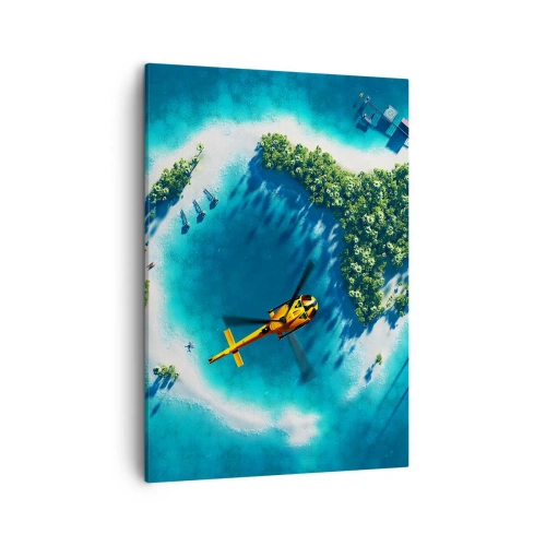 Impression sur toile - Image sur toile - Une île tropicale entourée d'eau turquoise avec un hélicoptère en vue - 50x70cm - Achetez-vous une île - Décoration murale moderne pour le salon et la chambre ARTTOR