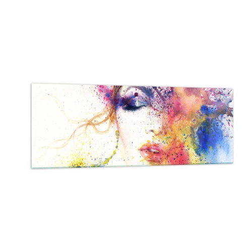 Impression sur verre - Image sur verre - Un portrait artistique d'une femme aux couleurs aquarelles expressives. - 140x50cm - Vertiges arc-en-ciel - Décoration murale moderne pour le salon et la chambre ARTTOR