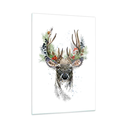 Impression sur verre - Image sur verre - Portrait d'un cerf avec des décorations de Noël, des branches et des baies - 50x70cm - En robe de fête - Décoration murale moderne pour le salon et la chambre ARTTOR