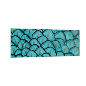 Impression sur verre - Image sur verre - Un motif ressemblant à des écailles turquoise avec des accents dorés - 140x50cm - Le grand gala des plumes - Décoration murale moderne pour le salon et la chambre ARTTOR