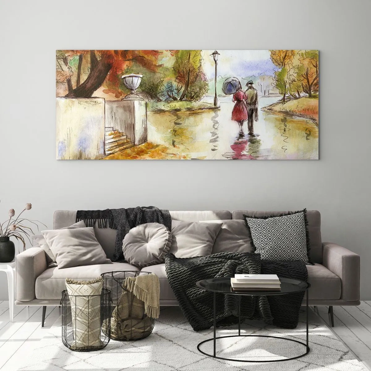 Impression sur verre - Image sur verre - Une promenade dans le parc d'automne avec un parapluie - 140x50cm - Automne romantique dans le parc - Décoration murale moderne pour le salon et la chambre ARTTOR