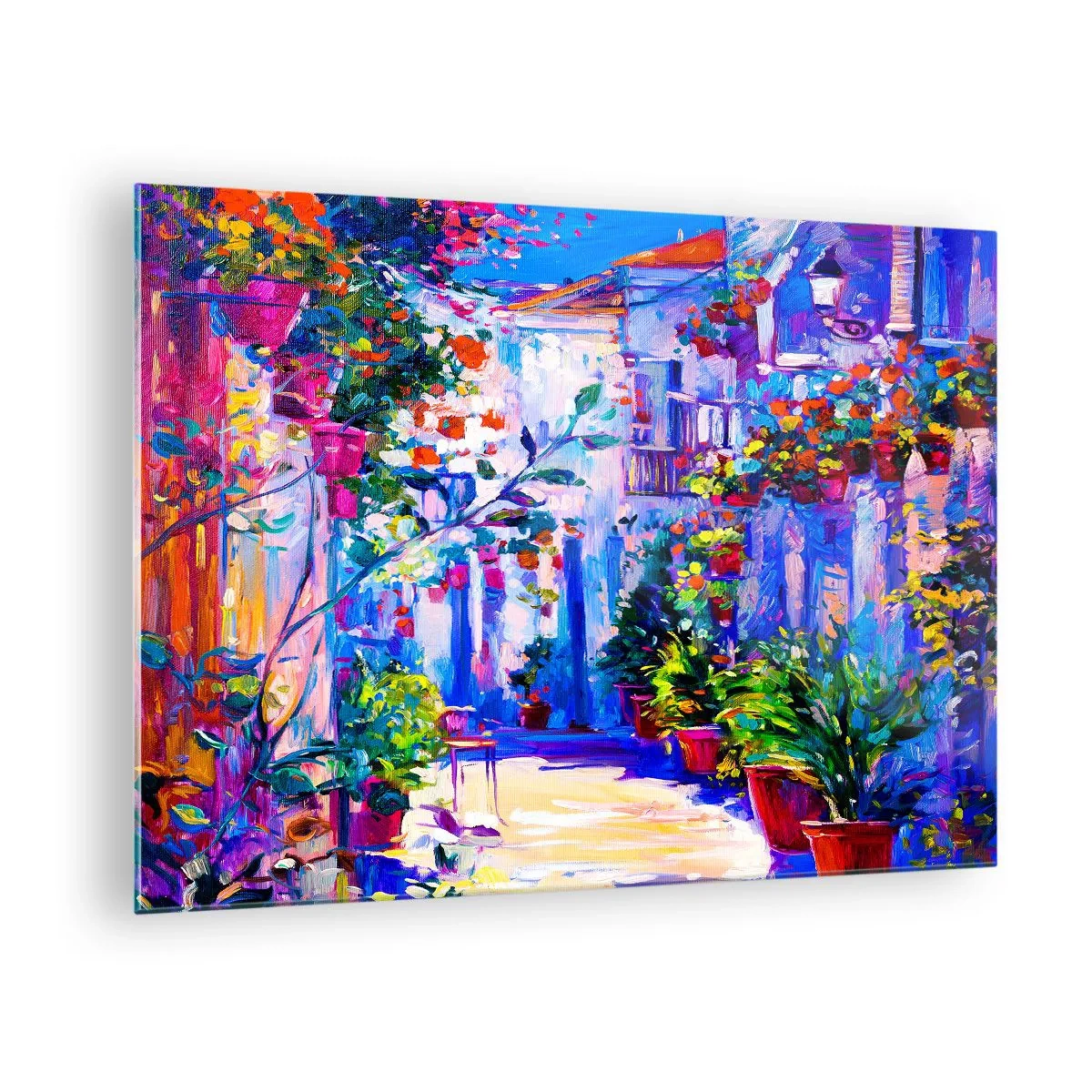 Impression sur verre - Image sur verre - Une rue colorée avec des plantes fleuries et de la lumière - 70x50cm - Impression - une rue italienne - Décoration murale moderne pour le salon et la chambre ARTTOR