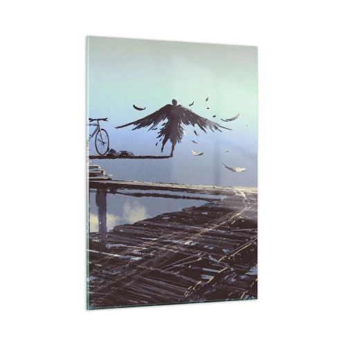 Impression sur verre - Image sur verre - Une silhouette avec un vélo sur un pont en bois au-dessus des nuages - 50x70cm - Icare est toujours vivant - Décoration murale moderne pour le salon et la chambre ARTTOR