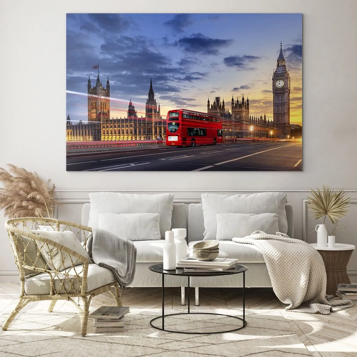 Impression sur verre - Image sur verre - Big Ben et le bus rouge à Londres au coucher du soleil - 120x80cm - Caractères spéciaux - Décoration murale moderne pour le salon et la chambre ARTTOR