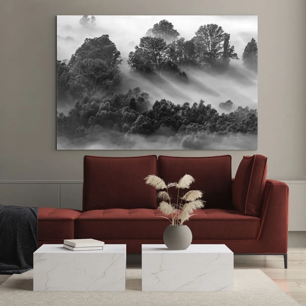 Impression sur verre - Image sur verre - Forêt brumeuse au soleil en noir et blanc - 120x80cm - Sortir de son sommeil - Décoration murale moderne pour le salon et la chambre ARTTOR