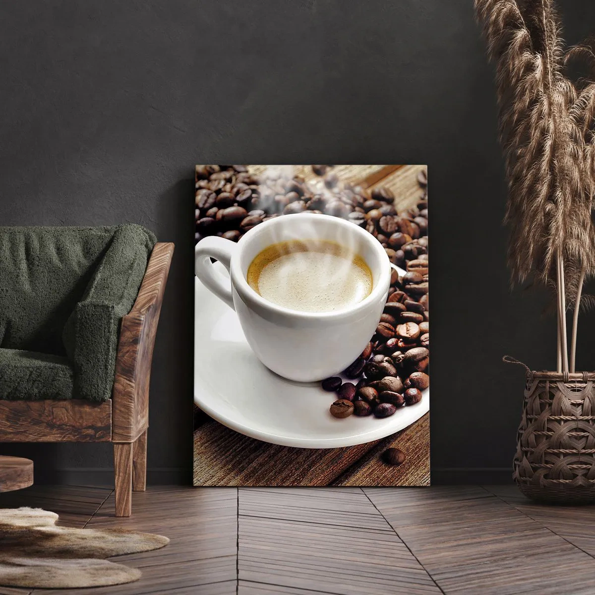 Impression sur toile - Image sur toile - Café sur un banc - 55x100 cm