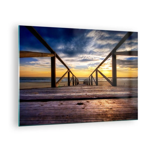 Impression sur verre - Image sur verre - Jetée menant à la plage au coucher du soleil - 70x50cm - Directement sur une plage calme au coucher de soleil - Décoration murale moderne pour le salon et la chambre ARTTOR
