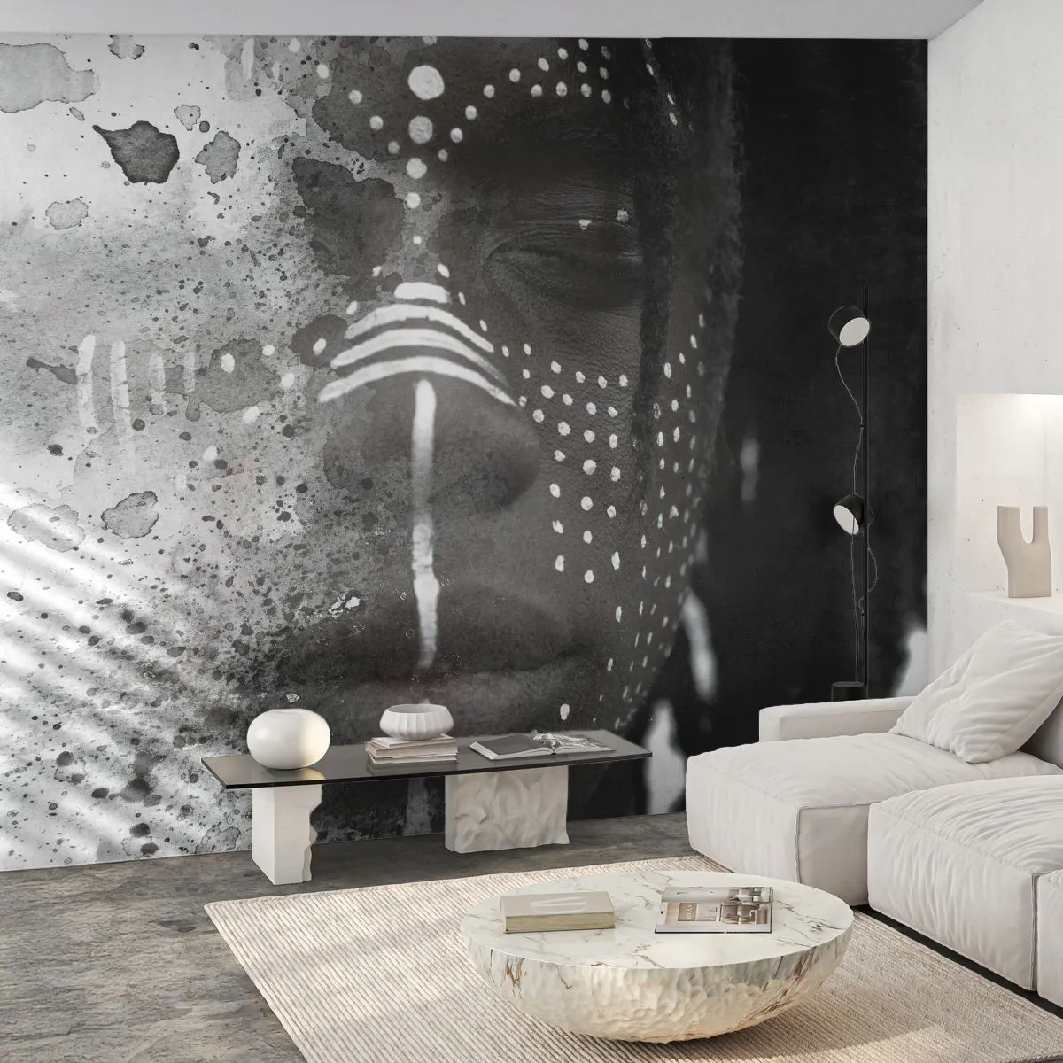 Papier Peint Photo Premium Sand - Portrait en noir et blanc avec peintures faciales - 100x70cm - Découvrez l'esprit primal - Décoration murale moderne pour le salon et la chambre ARTTOR