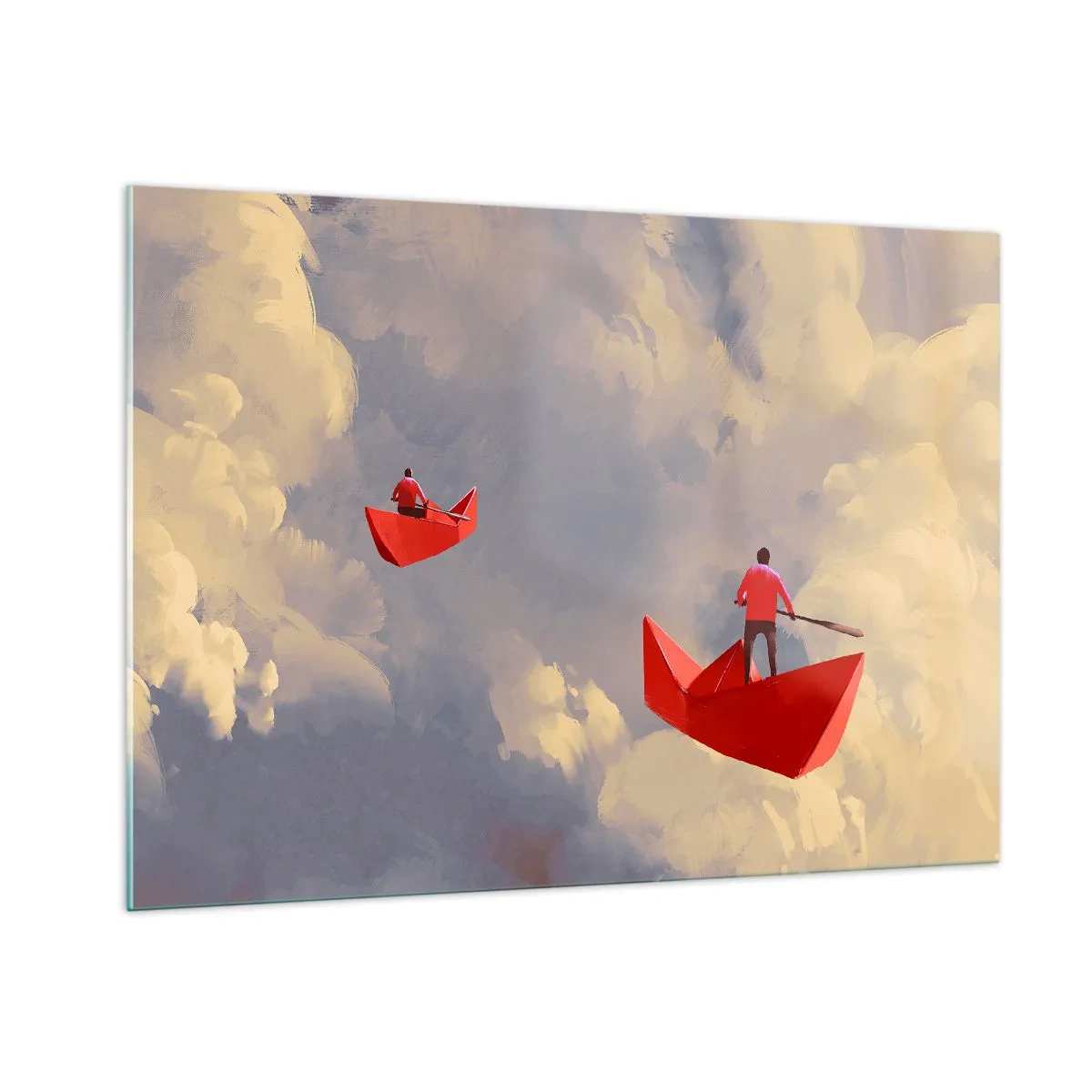 Impression sur verre - Image sur verre - Deux personnes dans des bateaux rouges contre un ciel nuageux - 100x70cm - Expédition des Rêveurs - Décoration murale moderne pour le salon et la chambre ARTTOR