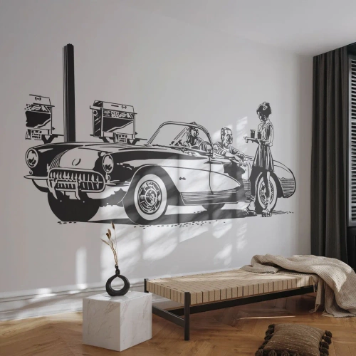 Papier Peint Autocollant Deluxe Sticker - 60's - Amérique insouciante - Voiture ancienne, Station-essence, Amérique - 150x105 cm
