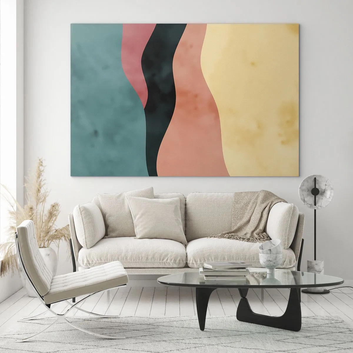 Impression sur verre - Image sur verre - Des vagues colorées dans des tons de vert, rose, noir et beige - 70x50cm - Conformité non-conforme - Décoration murale moderne pour le salon et la chambre ARTTOR