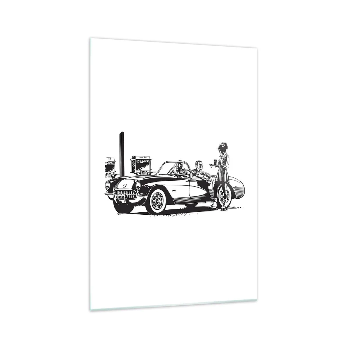 Impression sur verre - Image sur verre - Une scène rétro en noir et blanc avec une voiture et une serveuse en patins à roulettes. - 70x100cm - 60's - Amérique insouciante - Décoration murale moderne pour le salon et la chambre ARTTOR
