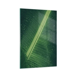 Impression sur verre - Image sur verre - Une feuille verte avec des gouttes d'eau à sa surface - 70x100cm - Structure de vert - Décoration murale moderne pour le salon et la chambre ARTTOR
