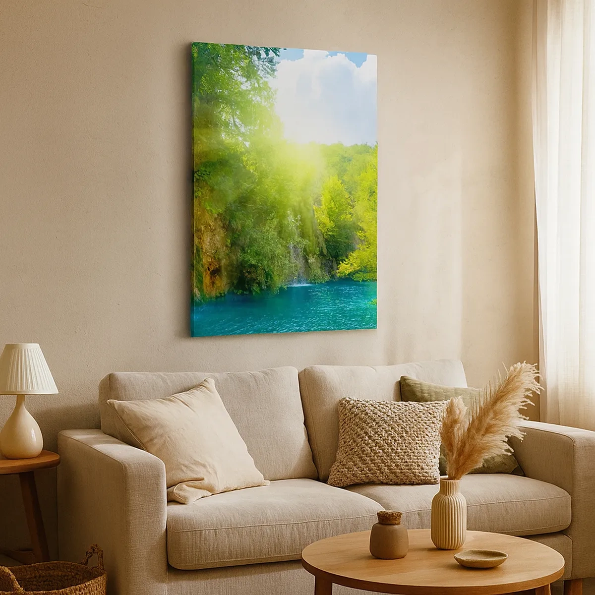 Impression sur toile - Image sur toile - Une cascade se jetant dans un lac turquoise entouré de verdure - 50x70cm - Ce doit être le paradis ici - Décoration murale moderne pour le salon et la chambre ARTTOR