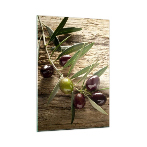 Impression sur verre - Image sur verre - Branche d'olivier sur fond de bois - 50x70cm - Directement de la nature - Décoration murale moderne pour le salon et la chambre ARTTOR
