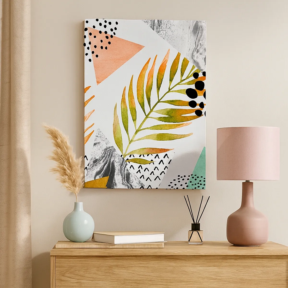 Impression sur toile - Image sur toile - Motif tropical avec des feuilles et des formes géométriques - 50x70cm - Décoration avec feuille de palmier - Décoration murale moderne pour le salon et la chambre ARTTOR