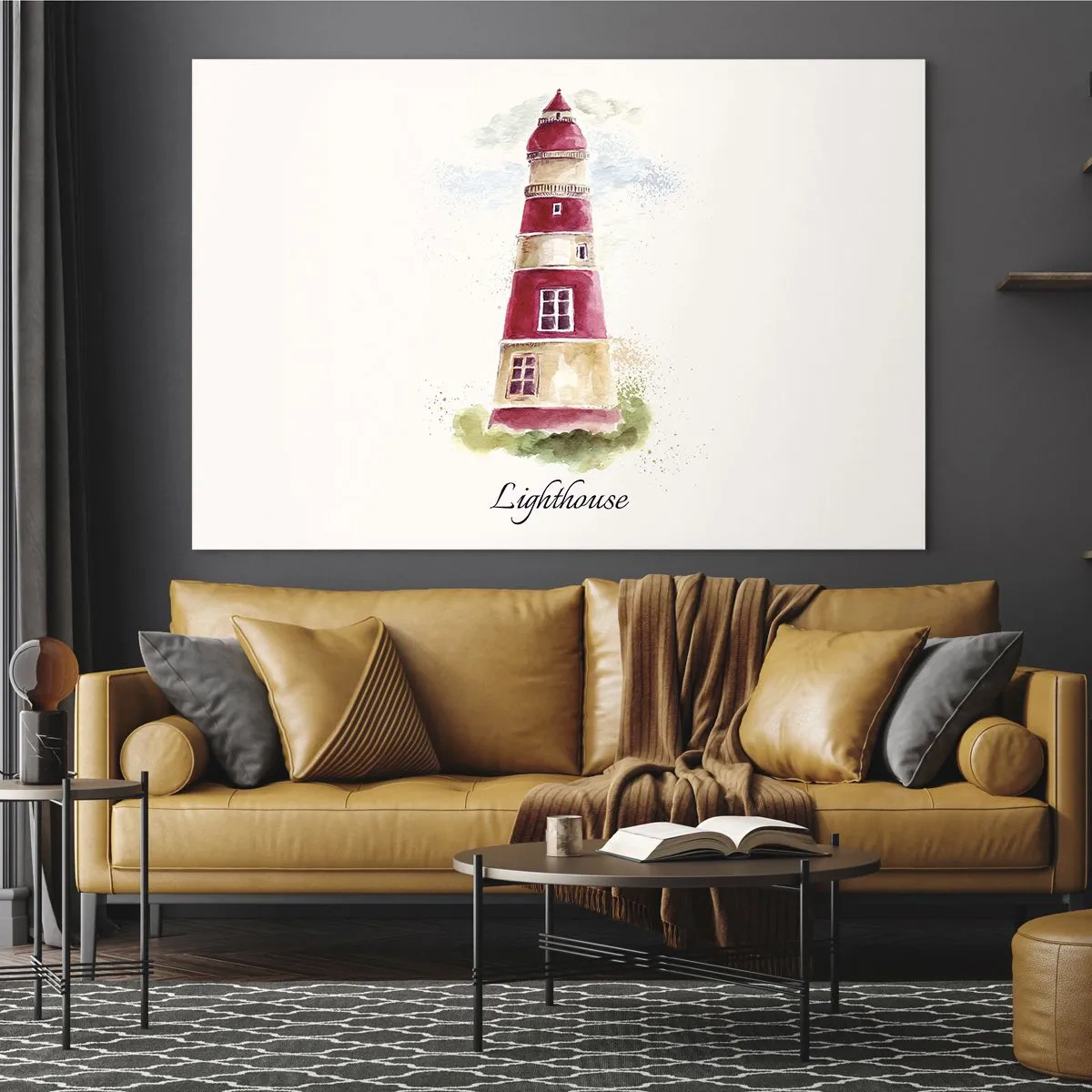 Impression sur verre - Image sur verre - Phare aquarelle avec l'inscription Phare - 70x50cm - Il y a toujours beau temps autour - Décoration murale moderne pour le salon et la chambre ARTTOR