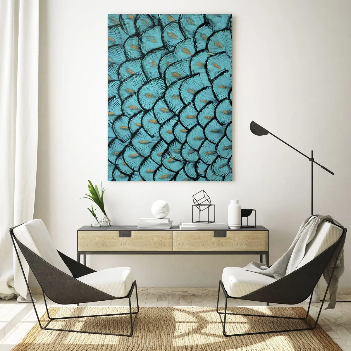 Impression sur verre - Image sur verre - Gros plan de plumes de paon turquoise formant un motif décoratif. - 50x70cm - Le grand gala des plumes - Décoration murale moderne pour le salon et la chambre ARTTOR