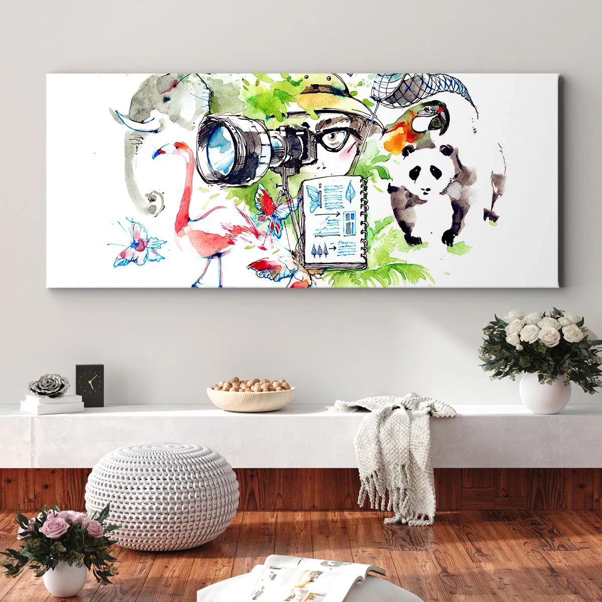 Impression sur toile - Image sur toile - Des graphismes colorés sur le thème de la nature et du safari - 120x50cm - Dans l'objectif d'un voyageu - Décoration murale moderne pour le salon et la chambre ARTTOR
