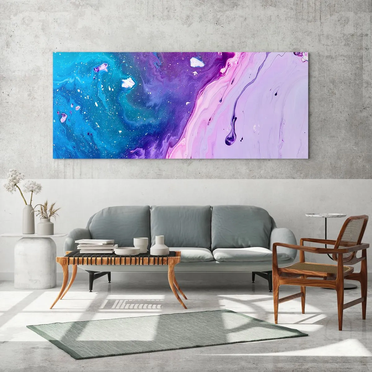 Impression sur verre - Image sur verre - Abstraction aux couleurs violettes et turquoise inspirée des contrastes - 120x50cm - Yin et yang - Décoration murale moderne pour le salon et la chambre ARTTOR