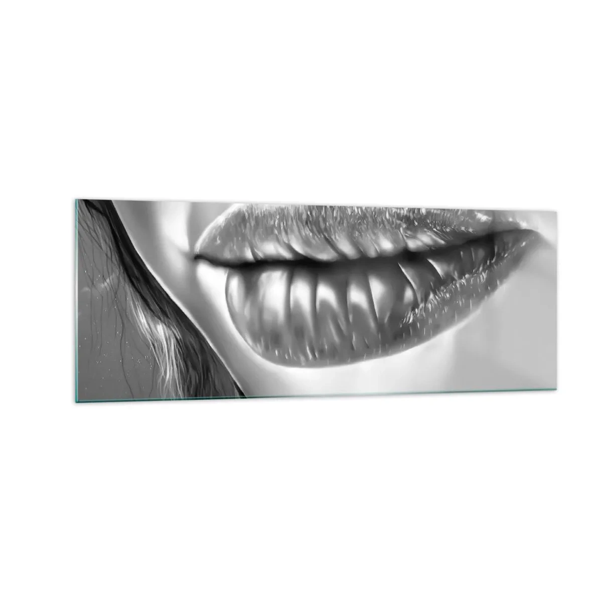 Impression sur verre - Image sur verre - Gros plan noir et blanc des lèvres d'une femme avec un effet brillant et des détails. - 140x50cm - Je sais à quoi tu penses… - Décoration murale moderne pour le salon et la chambre ARTTOR