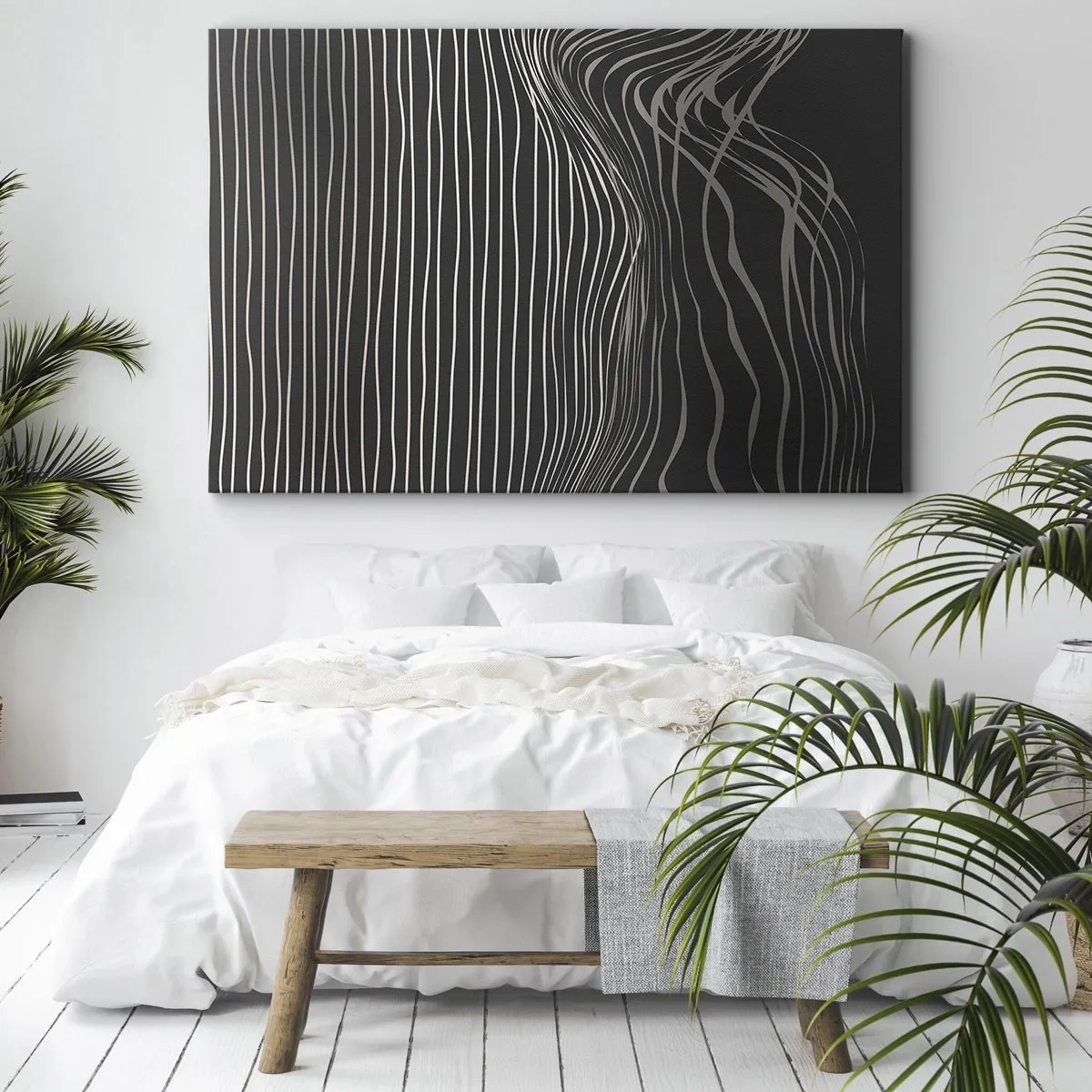 Impression sur toile - Image sur toile - Lignes blanches sur fond gris foncé dans un arrangement abstrait - 70x50cm - Rythme et accent - Décoration murale moderne pour le salon et la chambre ARTTOR