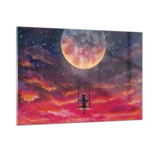 Impression sur verre - Image sur verre - Une fille sur une balançoire suspendue sous la lune - 120x80cm - Se balancer dans les nuages - Décoration murale moderne pour le salon et la chambre ARTTOR