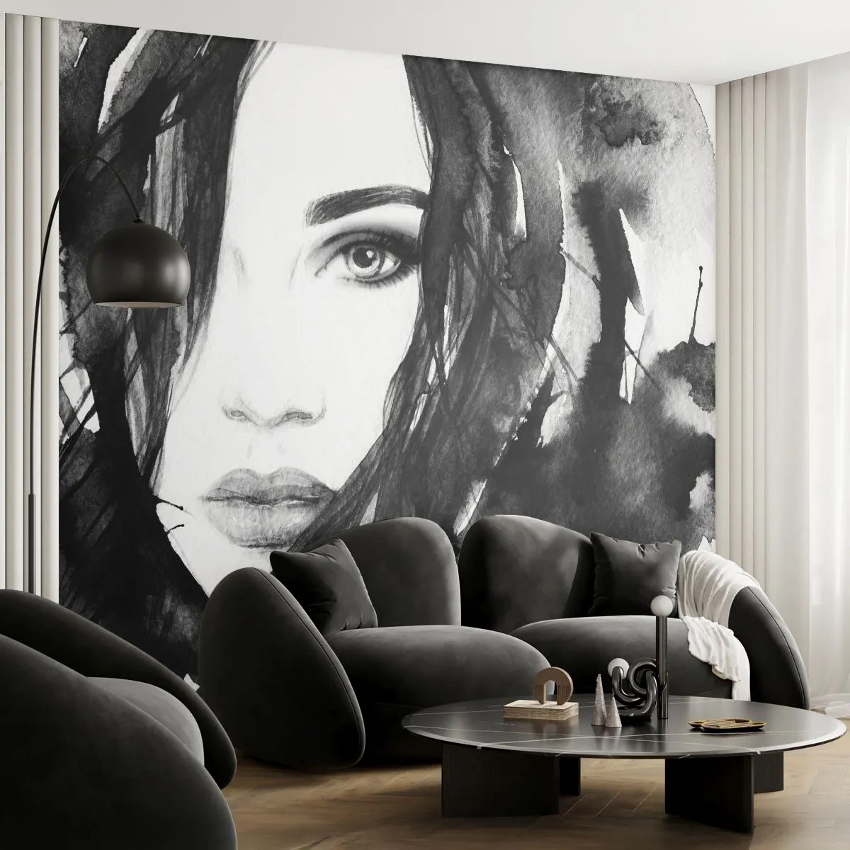 Papier Peint Autocollant Deluxe Sticker - Portrait d'une dame en noir et blanc - Abstraction, Visage de femme, Portrait - 250x175 cm