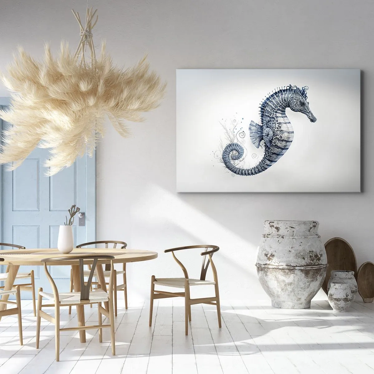 Impression sur toile - Image sur toile - Hippocampe dans des tons de bleu avec des détails à l'aquarelle - 70x50cm - Une subtile plaisanterie de la nature - Décoration murale moderne pour le salon et la chambre ARTTOR