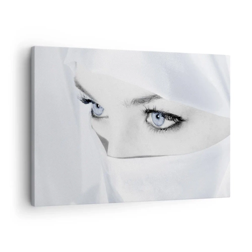 Impression sur toile - Image sur toile - Portrait d'une femme aux yeux bleus cachés derrière un voile blanc - 70x50cm - Directement des mille et une nuits - Décoration murale moderne pour le salon et la chambre ARTTOR