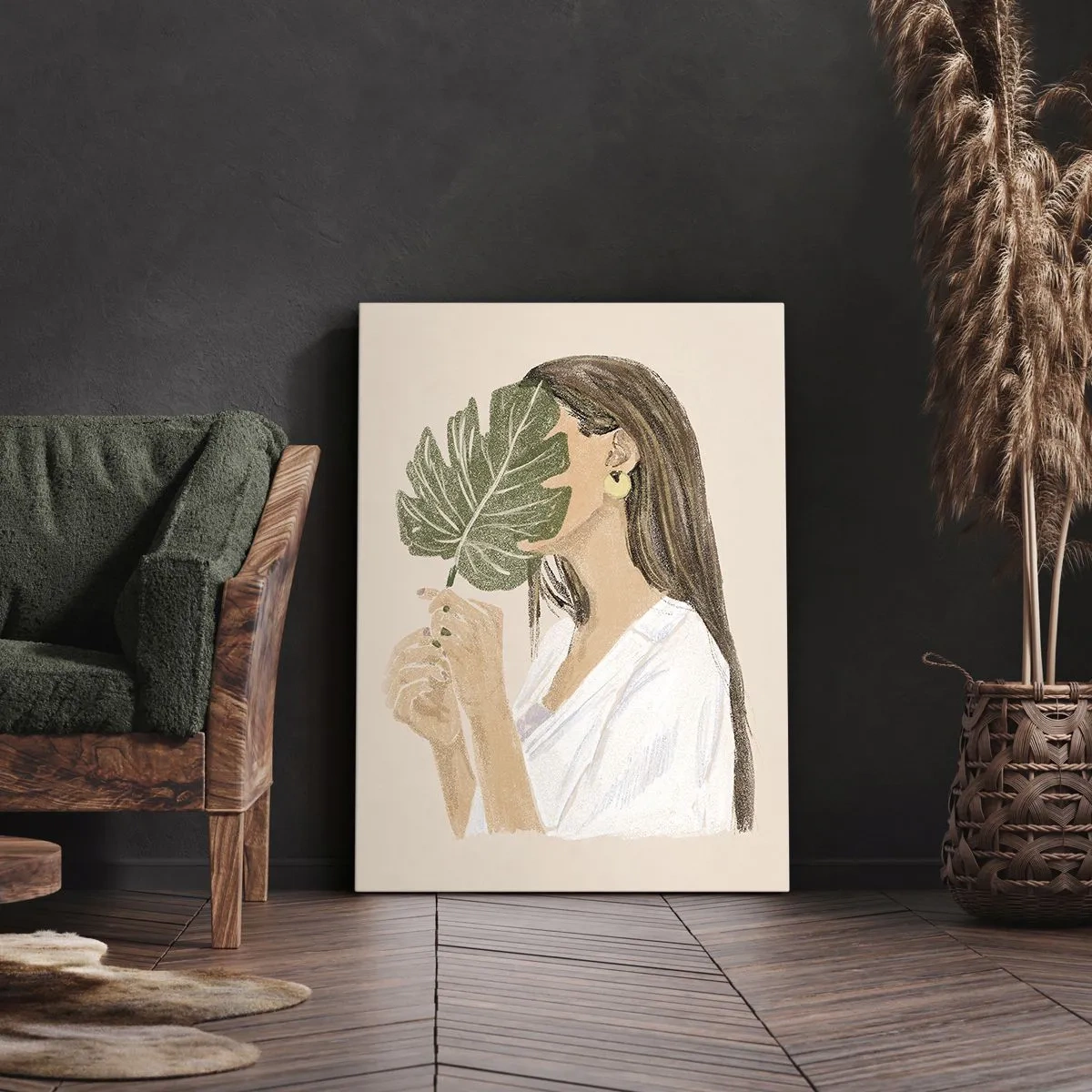 Impression sur toile - Image sur toile - Portrait d'une femme avec une feuille de monstera sur fond beige - 80x120cm - Portrait mystérieux avec un éventail - Décoration murale moderne pour le salon et la chambre ARTTOR