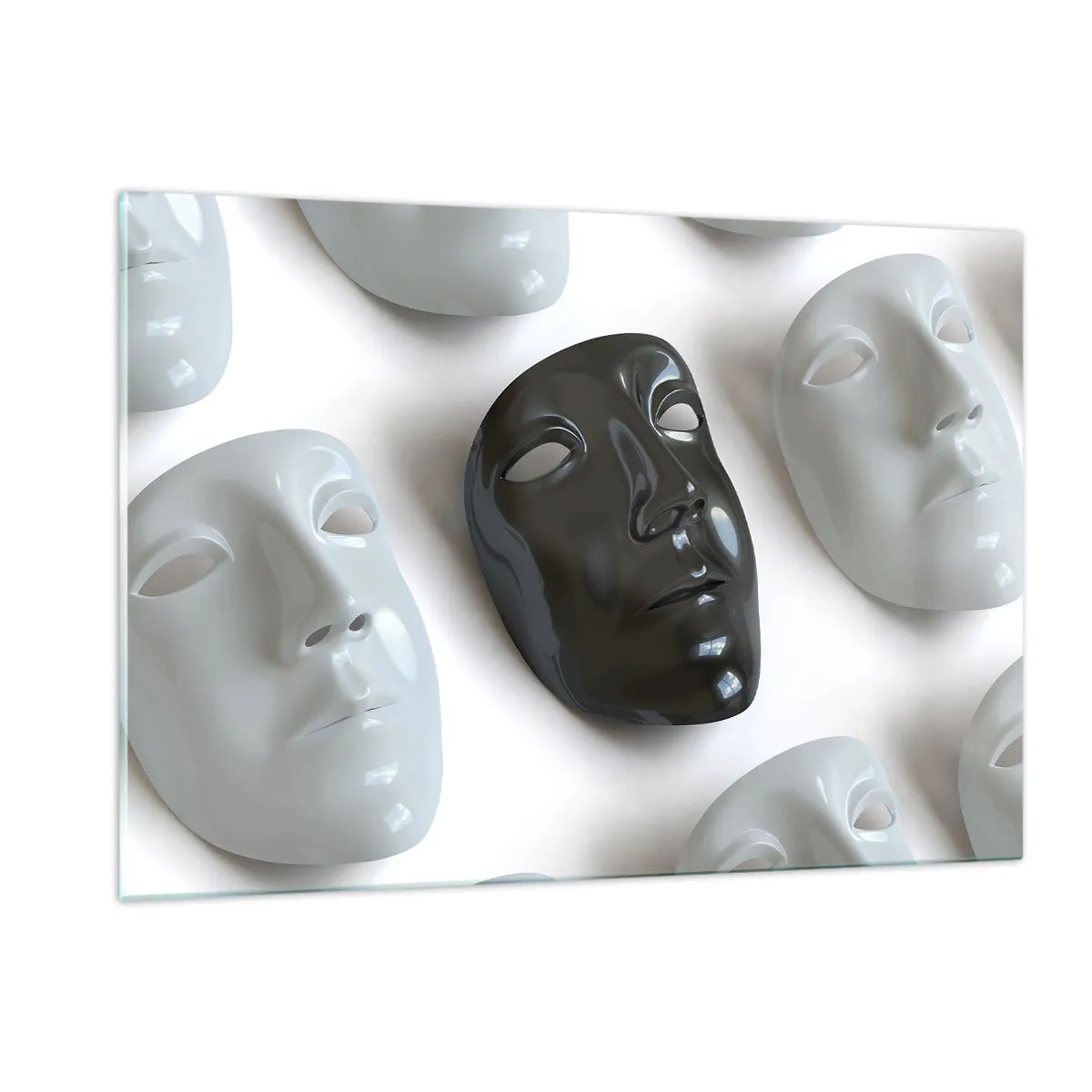 Impression sur verre - Image sur verre - Un masque noir et blanc sur un fond de masques blancs sur fond clair - 120x80cm - Comment se démarquer ? - Décoration murale moderne pour le salon et la chambre ARTTOR