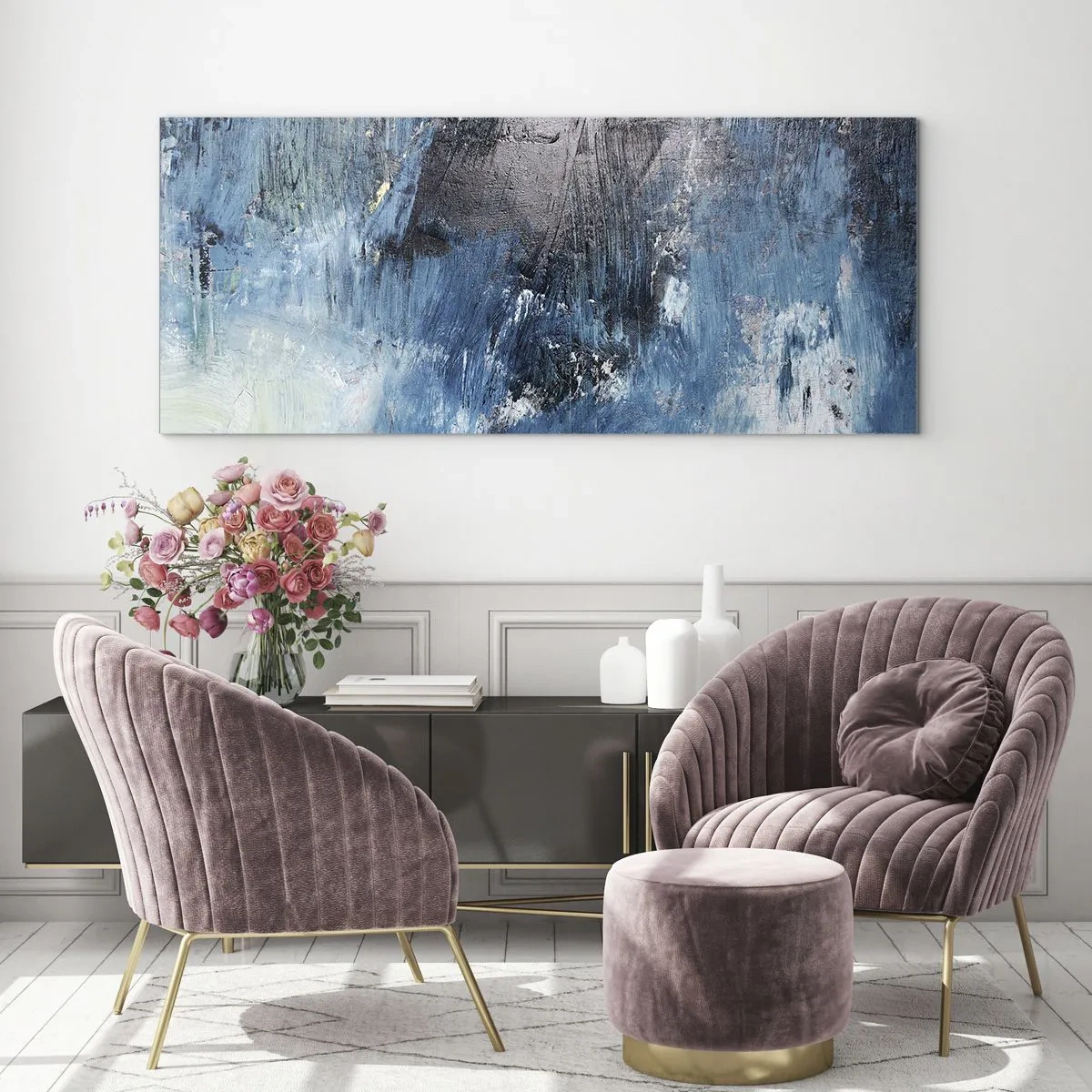 Impression sur verre - Image sur verre - Coups de pinceau abstraits dans des tons de bleu - 160x50cm - Rhapsodie en bleu - Décoration murale moderne pour le salon et la chambre ARTTOR