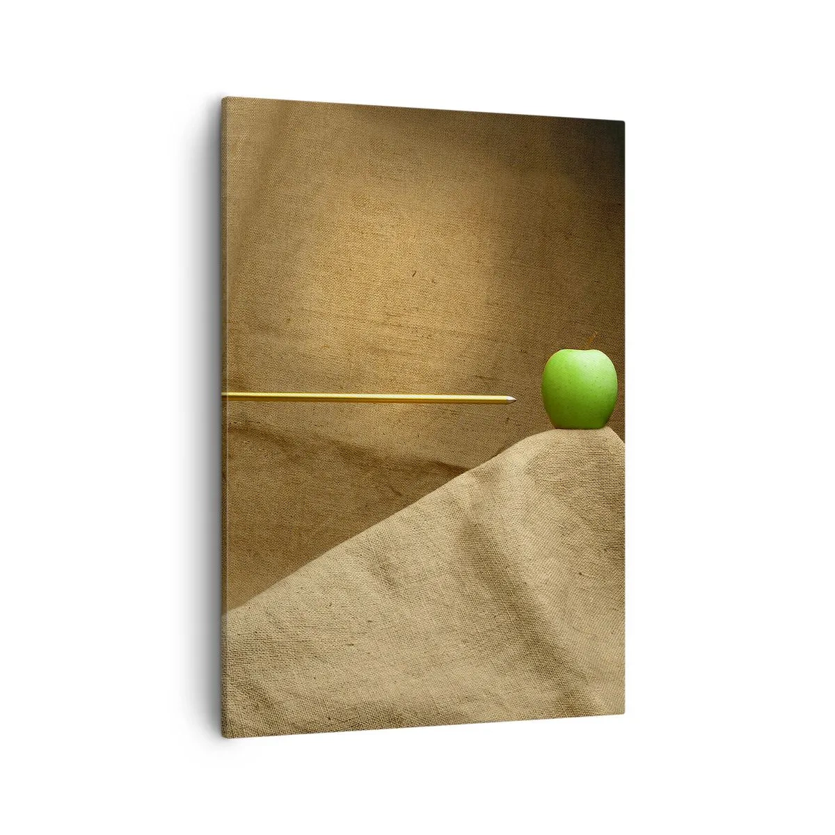 Impression sur toile - Image sur toile - Pomme verte sur tissu avec une flèche créant une composition - 50x70cm - Invoquer l'esprit de Guillaume Tell - Décoration murale moderne pour le salon et la chambre ARTTOR