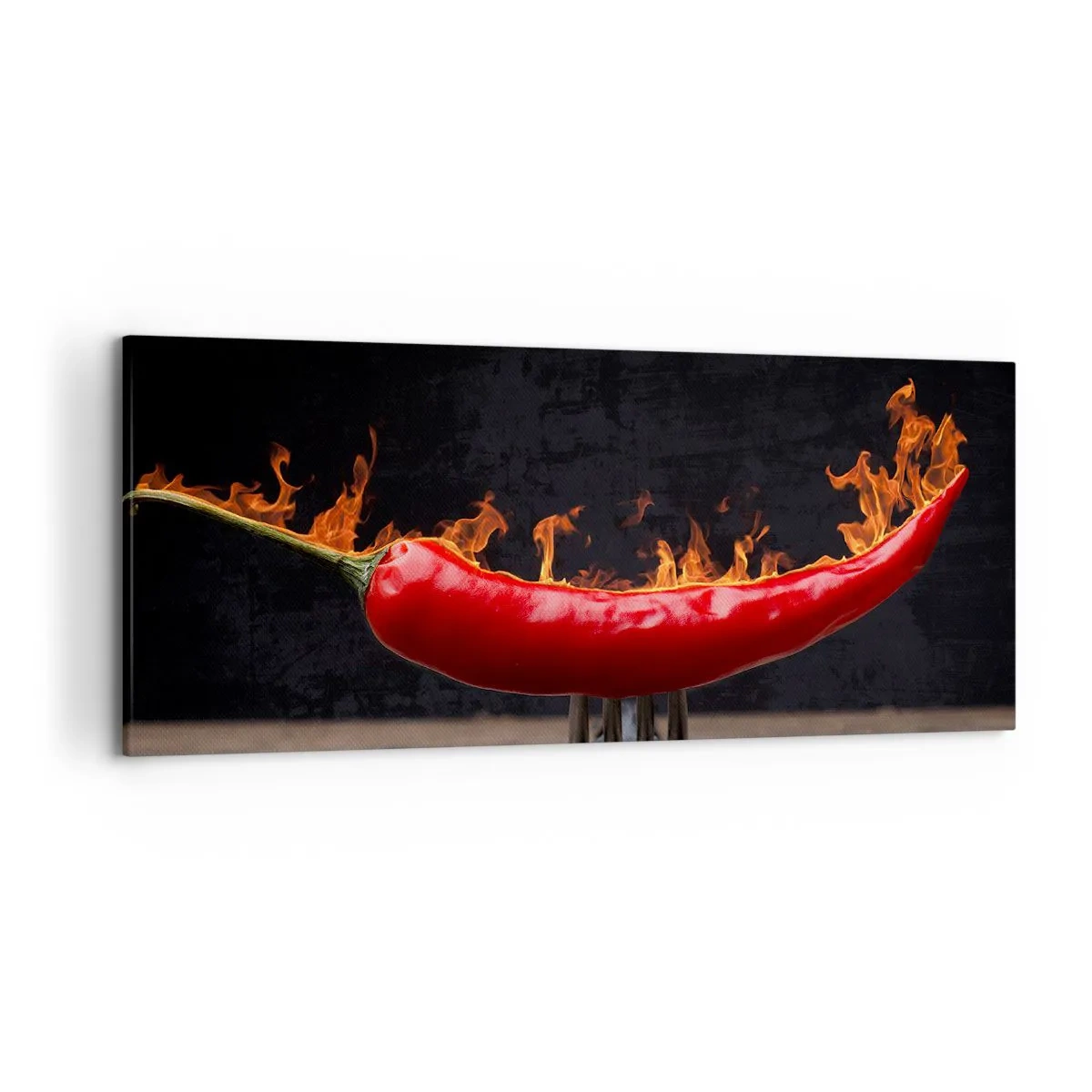 Impression sur toile - Image sur toile - Poivron rouge flamboyant sur une fourchette - 120x50cm - Un apéritif enflammé - Décoration murale moderne pour le salon et la chambre ARTTOR