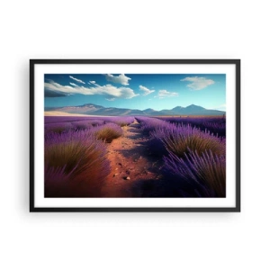 Affiche dans un cadre noir - Poster - Un champ de lavande avec vue sur les montagnes et le ciel bleu - 70x50cm - Champs parfumés - Décoration murale moderne pour le salon et la chambre ARTTOR