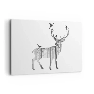 Impression sur toile - Image sur toile - Silhouette d'un cerf avec forêt et oiseaux - 100x70cm - La bonne âme de la forêt - Décoration murale moderne pour le salon et la chambre ARTTOR