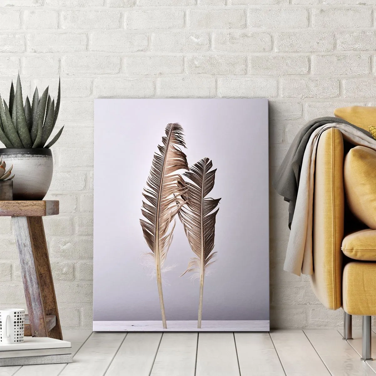 Impression sur toile - Image sur toile - Plumes délicates sur fond clair dans un style minimaliste - 70x100cm - Face au néant - Décoration murale moderne pour le salon et la chambre ARTTOR